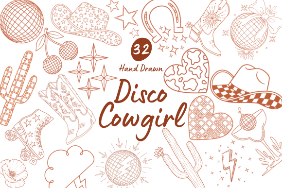 Download 32 Disco Cowgirl Hand Drawn Graphics - Disco Collection